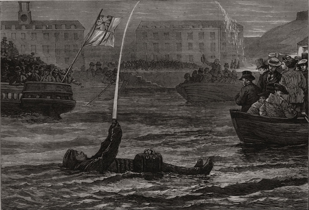 Captain Paul Boyton exhibiting his swimming apparatus in Cork Harbour 1874